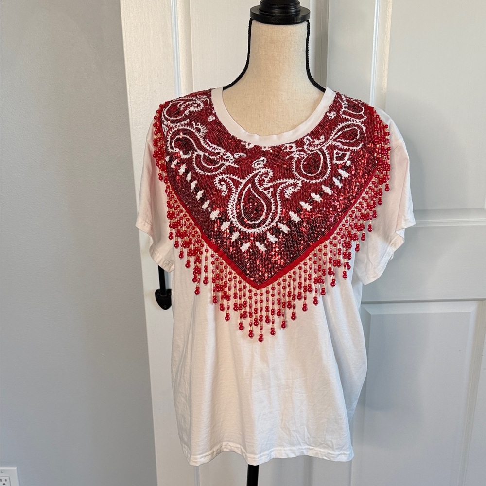 QUEEN OF SPARKLES Red and White Rodeo Bandana Beaded Short Sleeve Top